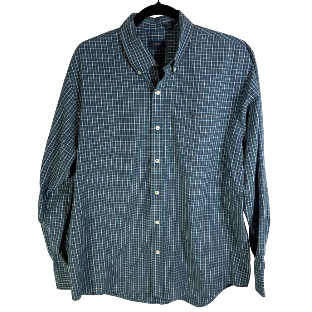 Arrow USA 1851 Mens Large Blue Plaid Button Down Long Sleeve Shirt Pocket